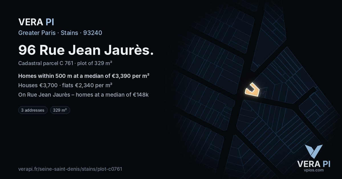 96 Rue Jean Jaurès, Stains at night – the plot lit, the parcels around coloured by the prices near them