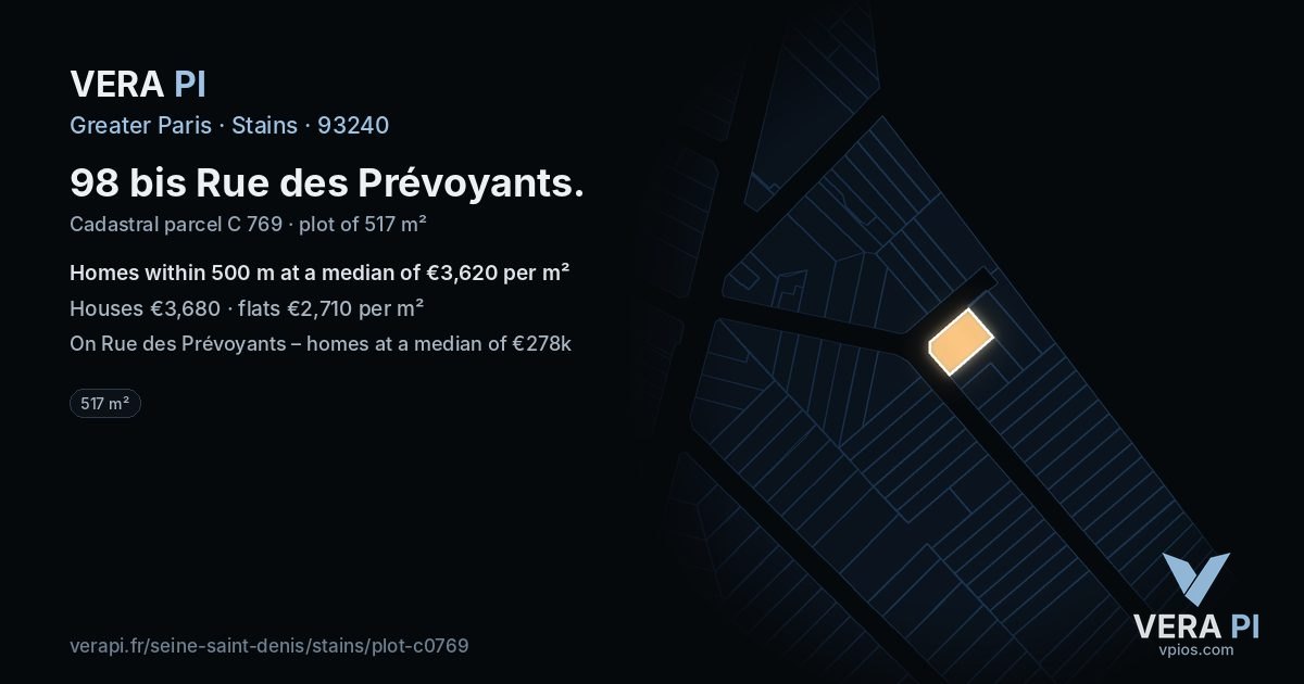 98 bis Rue des Prévoyants, Stains at night – the plot lit, the parcels around coloured by the prices near them
