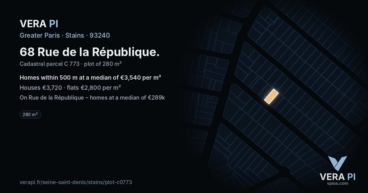 68 Rue de la République, Stains at night – the plot lit, the parcels around coloured by the prices near them