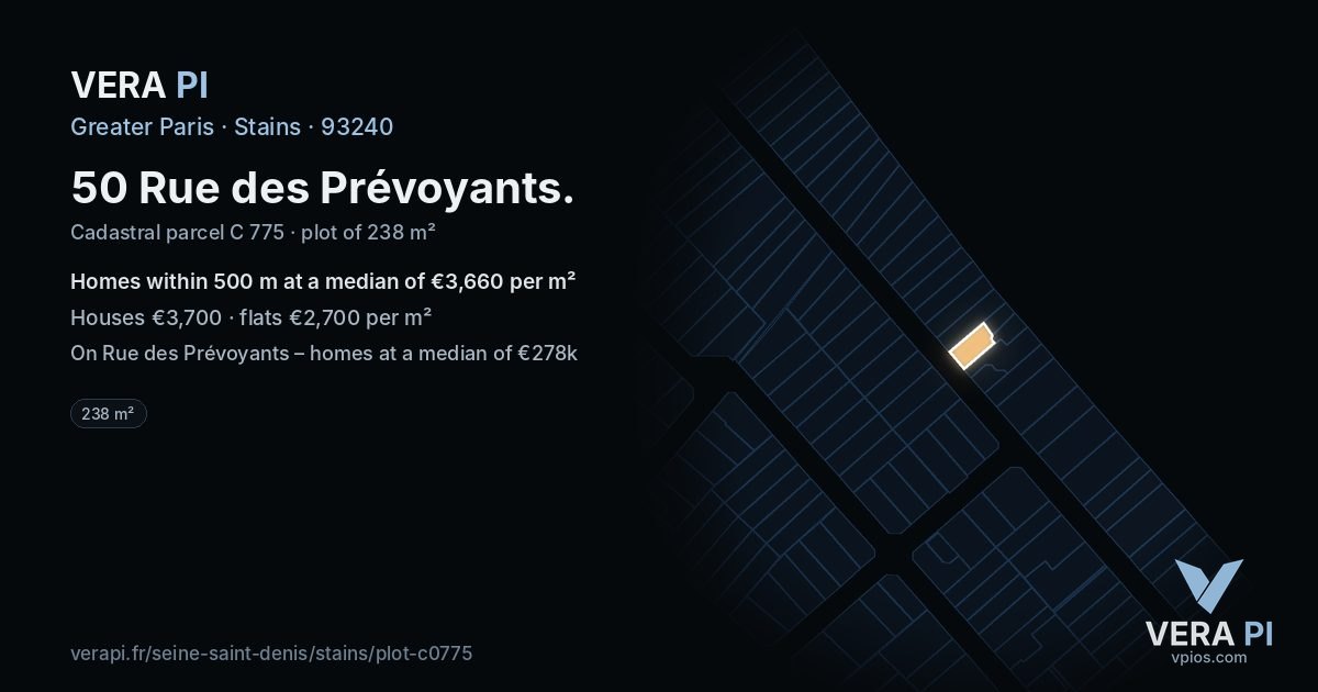 50 Rue des Prévoyants, Stains at night – the plot lit, the parcels around coloured by the prices near them