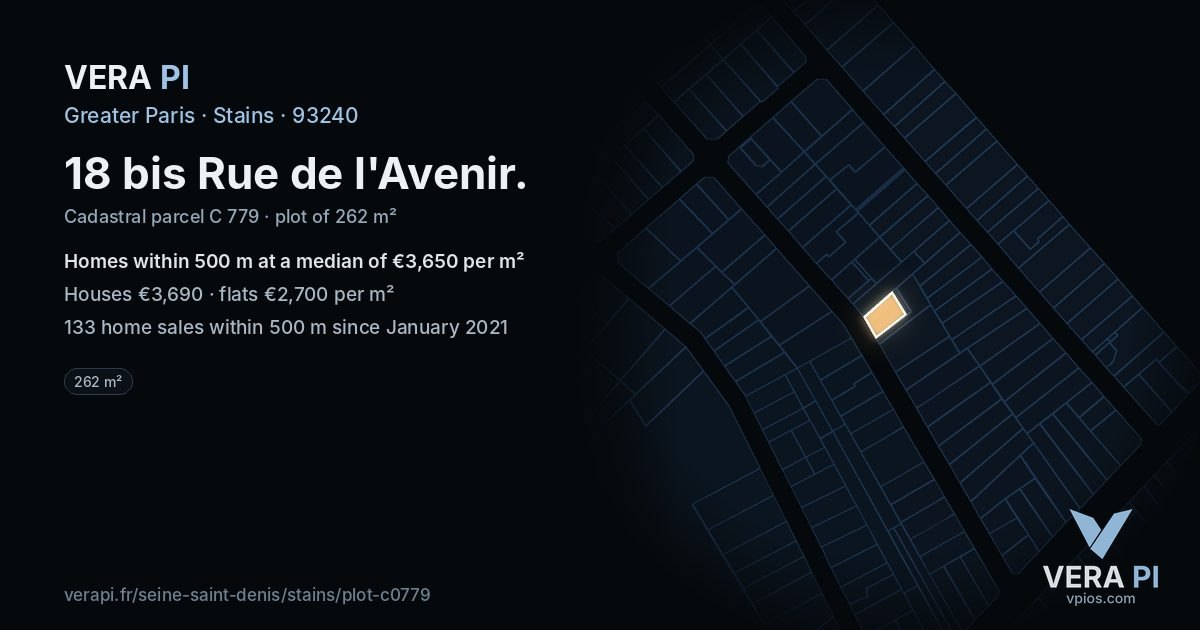 18 bis Rue de l'Avenir, Stains at night – the plot lit, the parcels around coloured by the prices near them