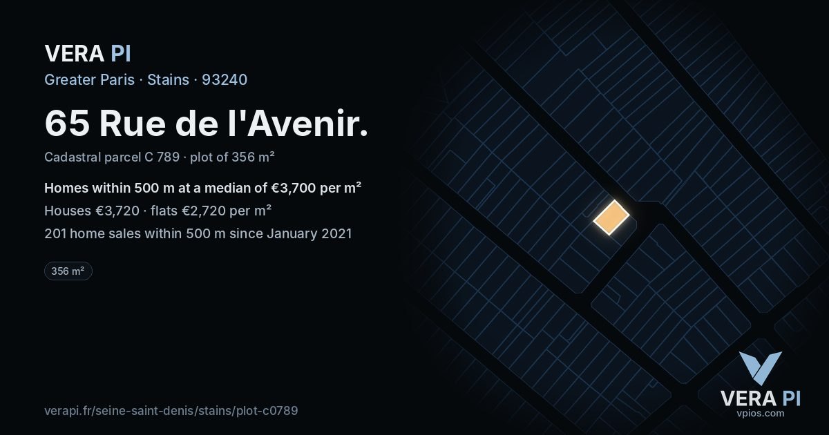 65 Rue de l'Avenir, Stains at night – the plot lit, the parcels around coloured by the prices near them