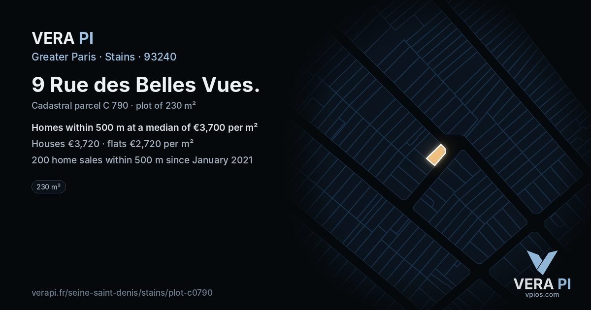 9 Rue des Belles Vues, Stains at night – the plot lit, the parcels around coloured by the prices near them
