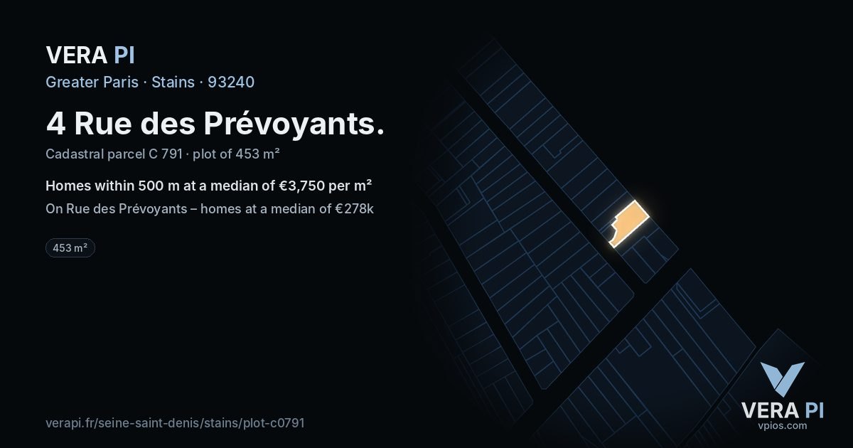 4 Rue des Prévoyants, Stains at night – the plot lit, the parcels around coloured by the prices near them