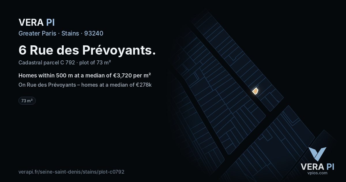 6 Rue des Prévoyants, Stains at night – the plot lit, the parcels around coloured by the prices near them