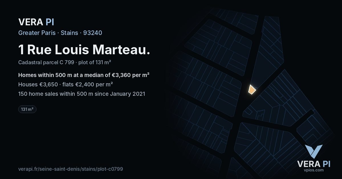1 Rue Louis Marteau, Stains at night – the plot lit, the parcels around coloured by the prices near them