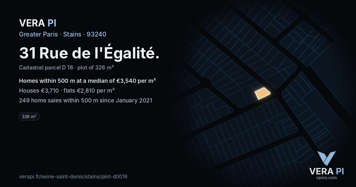 31 Rue de l'Égalité, Stains at night – the plot lit, the parcels around coloured by the prices near them
