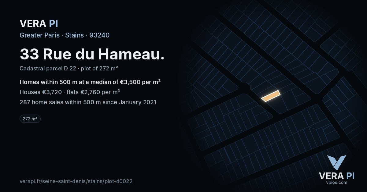 33 Rue du Hameau, Stains at night – the plot lit, the parcels around coloured by the prices near them