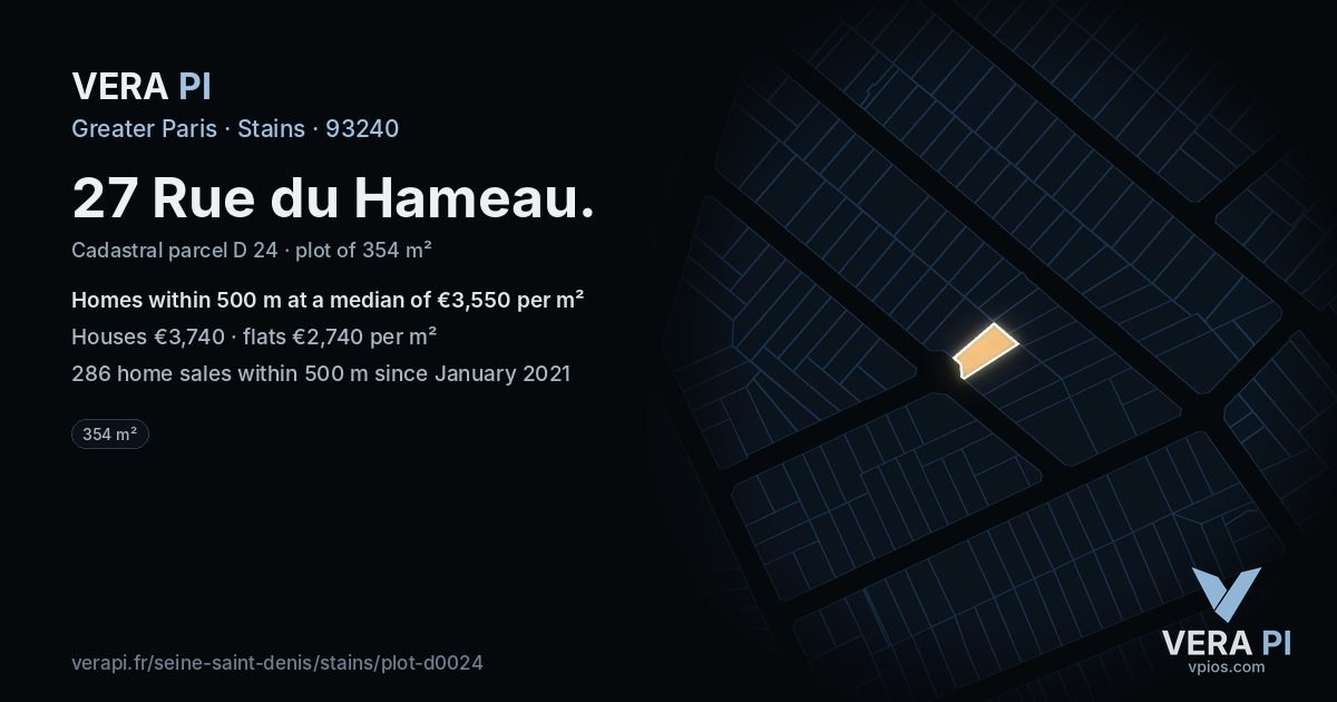 27 Rue du Hameau, Stains at night – the plot lit, the parcels around coloured by the prices near them