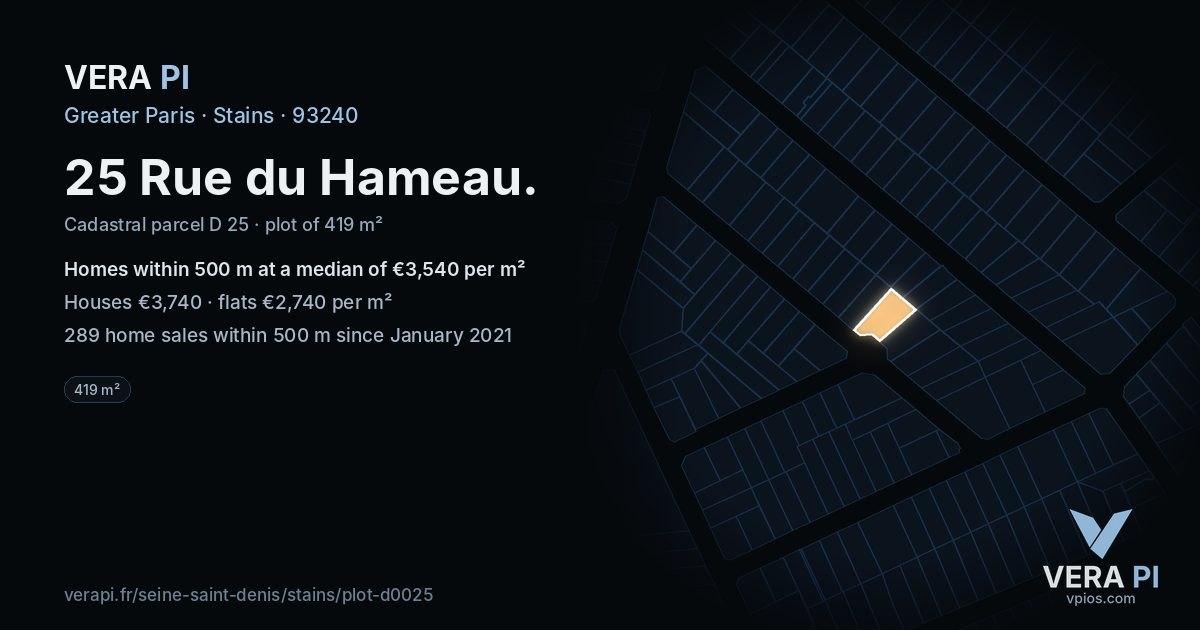 25 Rue du Hameau, Stains at night – the plot lit, the parcels around coloured by the prices near them