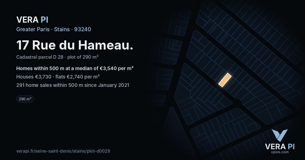 17 Rue du Hameau, Stains at night – the plot lit, the parcels around coloured by the prices near them