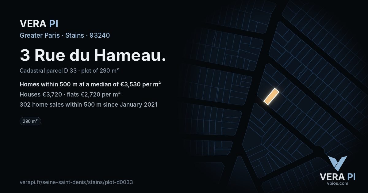 3 Rue du Hameau, Stains at night – the plot lit, the parcels around coloured by the prices near them