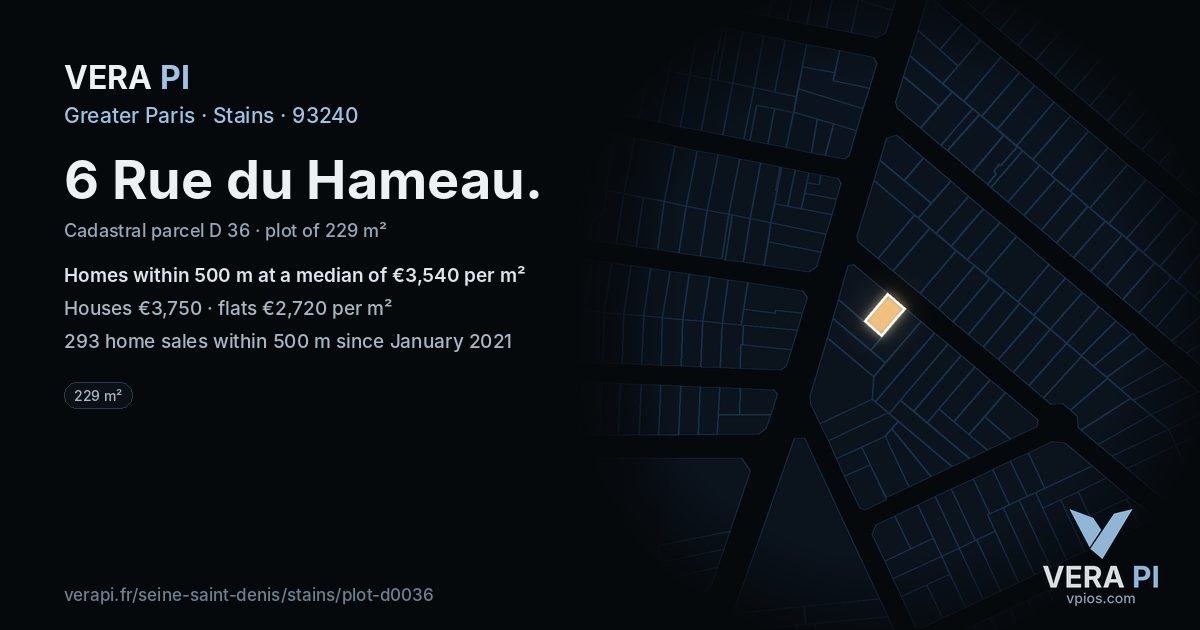 6 Rue du Hameau, Stains at night – the plot lit, the parcels around coloured by the prices near them