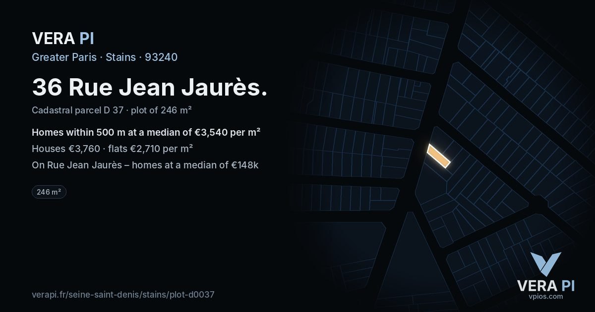 36 Rue Jean Jaurès, Stains at night – the plot lit, the parcels around coloured by the prices near them