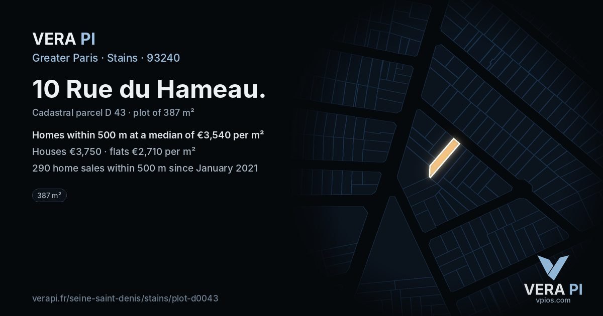 10 Rue du Hameau, Stains at night – the plot lit, the parcels around coloured by the prices near them