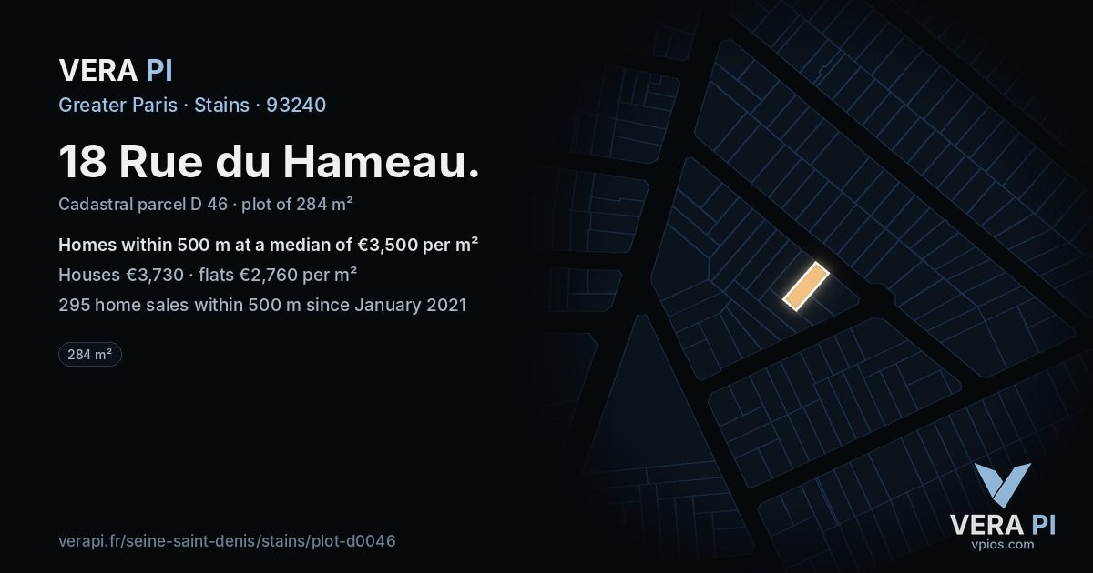 18 Rue du Hameau, Stains at night – the plot lit, the parcels around coloured by the prices near them
