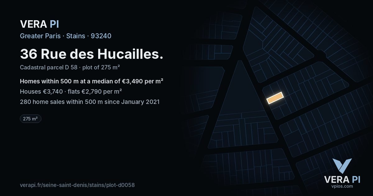 36 Rue des Hucailles, Stains at night – the plot lit, the parcels around coloured by the prices near them