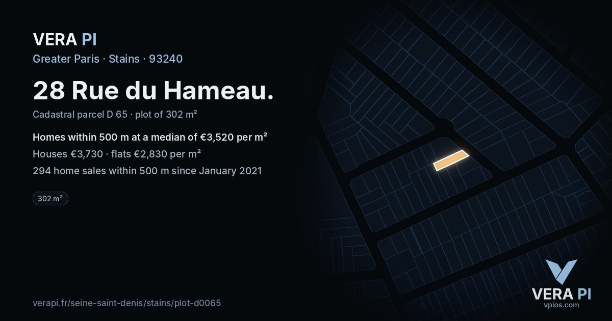 28 Rue du Hameau, Stains at night – the plot lit, the parcels around coloured by the prices near them