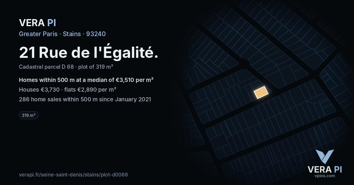 21 Rue de l'Égalité, Stains at night – the plot lit, the parcels around coloured by the prices near them