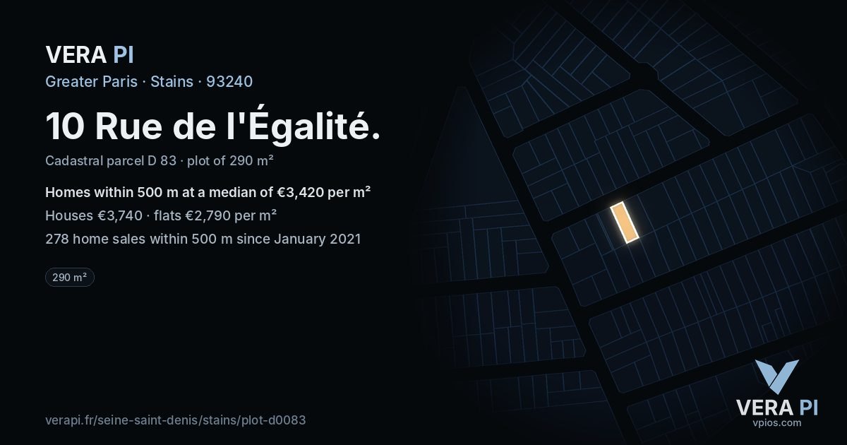 10 Rue de l'Égalité, Stains at night – the plot lit, the parcels around coloured by the prices near them