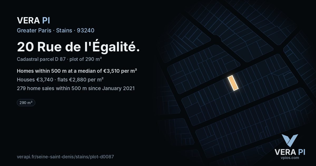 20 Rue de l'Égalité, Stains at night – the plot lit, the parcels around coloured by the prices near them