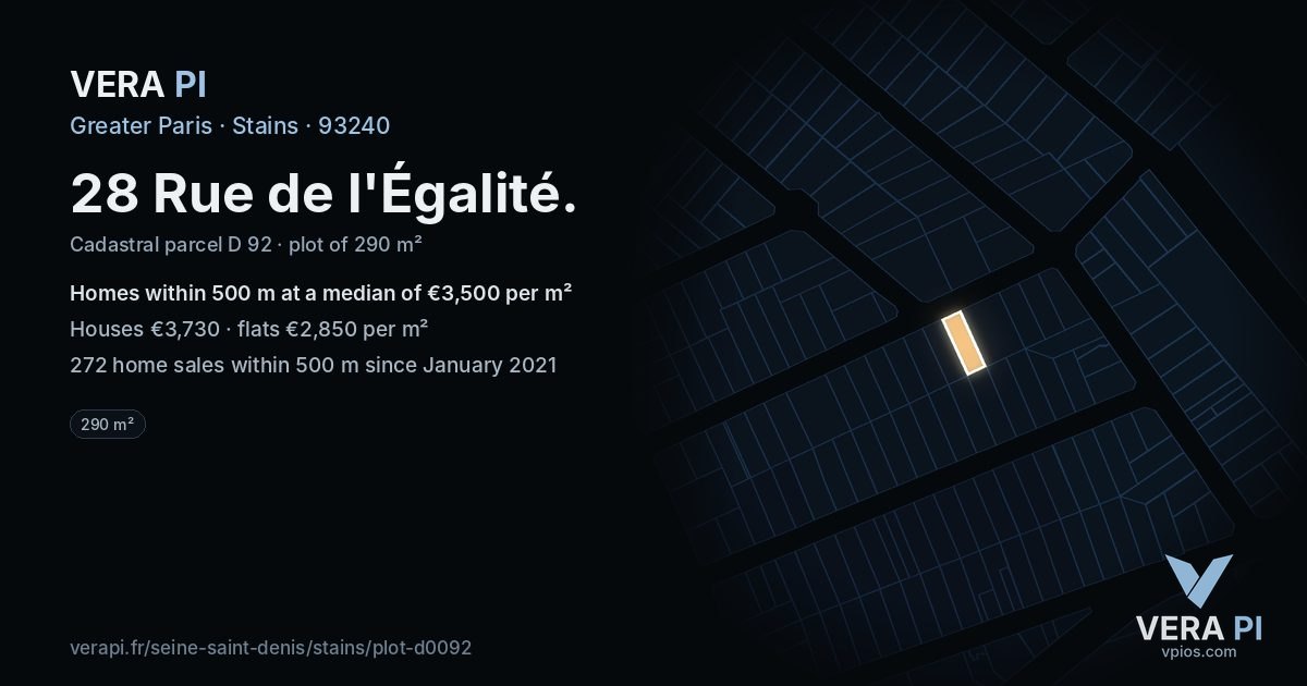 28 Rue de l'Égalité, Stains at night – the plot lit, the parcels around coloured by the prices near them