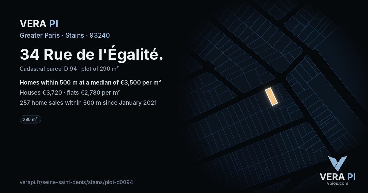 34 Rue de l'Égalité, Stains at night – the plot lit, the parcels around coloured by the prices near them