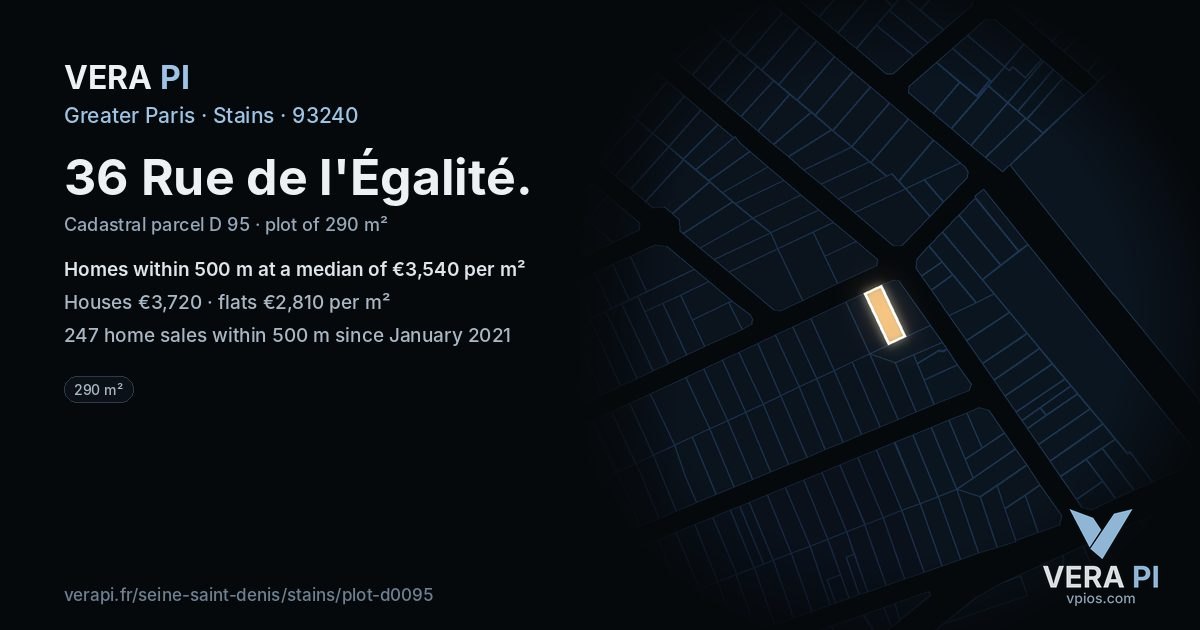 36 Rue de l'Égalité, Stains at night – the plot lit, the parcels around coloured by the prices near them