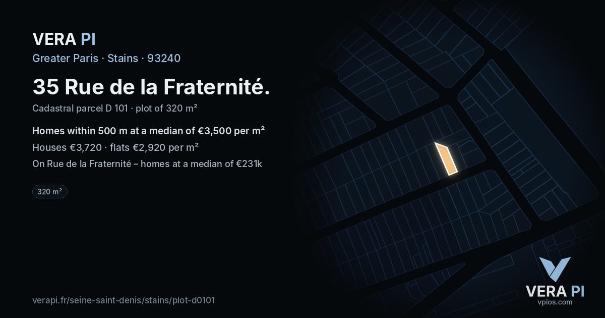 35 Rue de la Fraternité, Stains at night – the plot lit, the parcels around coloured by the prices near them