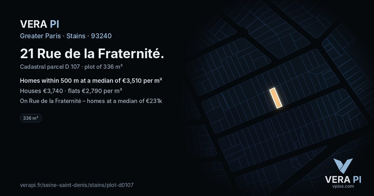 21 Rue de la Fraternité, Stains at night – the plot lit, the parcels around coloured by the prices near them