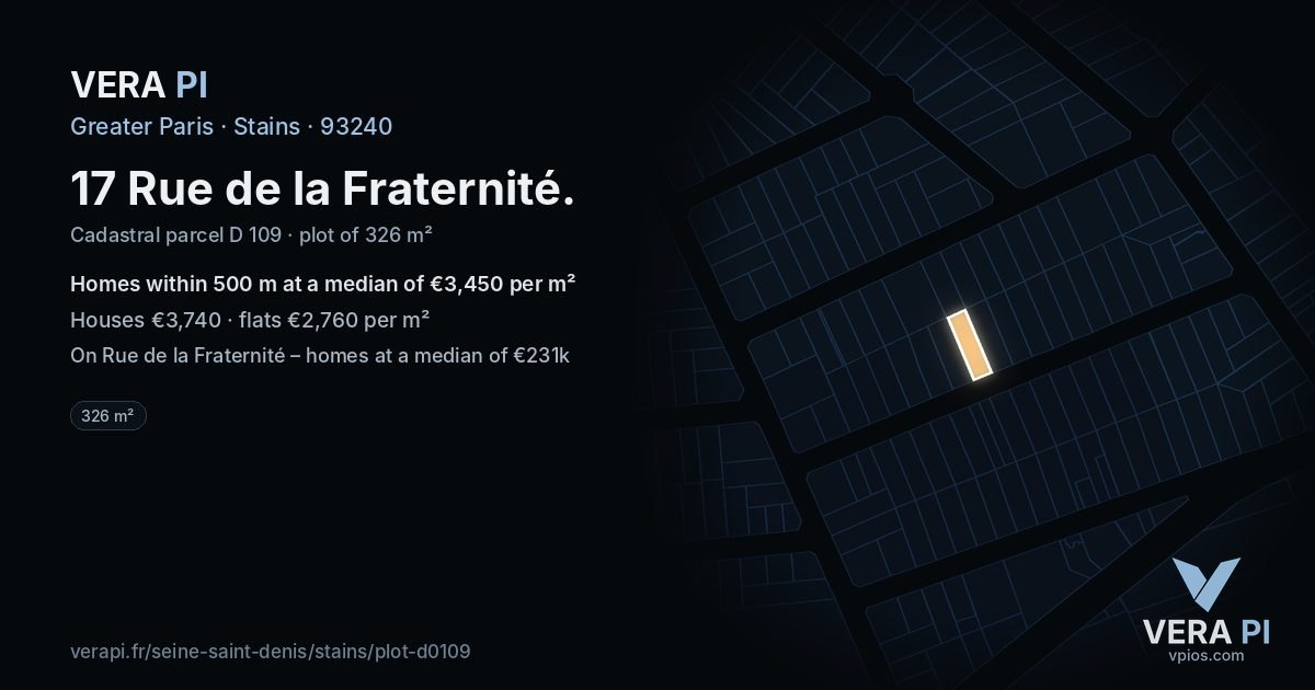 17 Rue de la Fraternité, Stains at night – the plot lit, the parcels around coloured by the prices near them