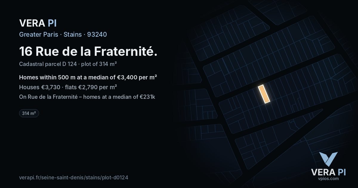 16 Rue de la Fraternité, Stains at night – the plot lit, the parcels around coloured by the prices near them