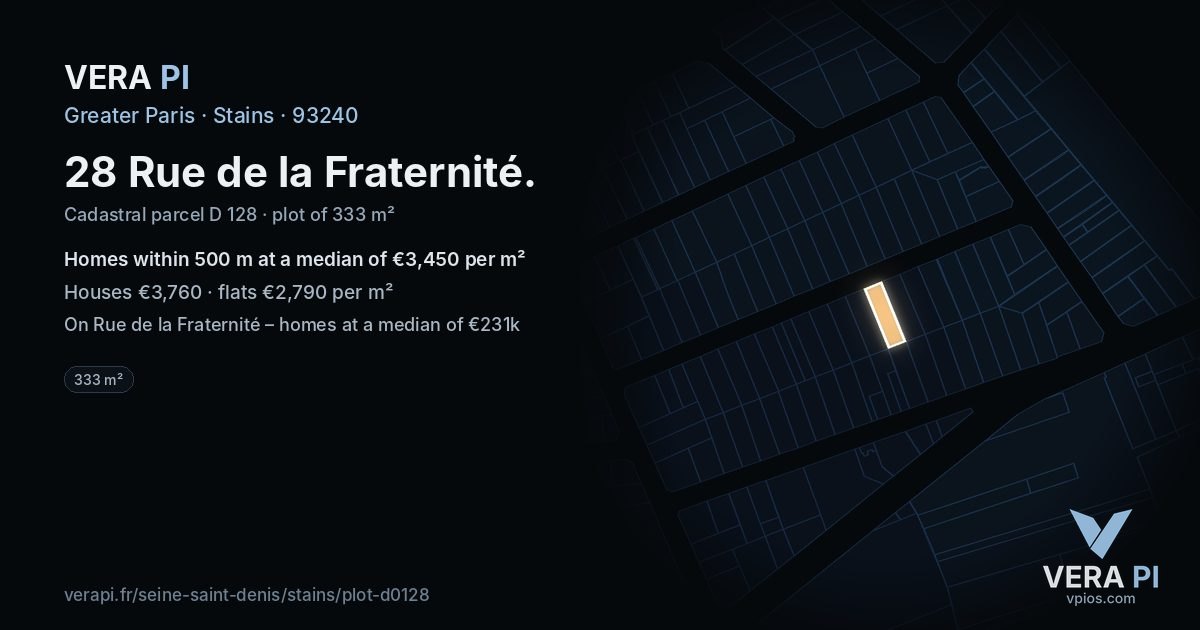28 Rue de la Fraternité, Stains at night – the plot lit, the parcels around coloured by the prices near them