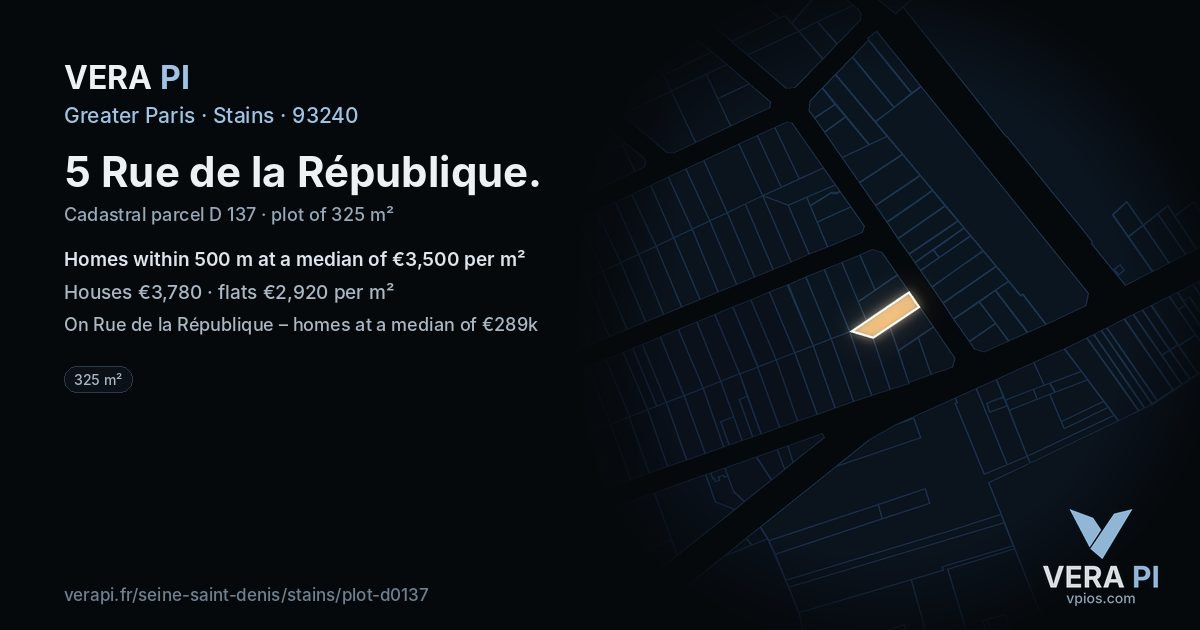 5 Rue de la République, Stains at night – the plot lit, the parcels around coloured by the prices near them