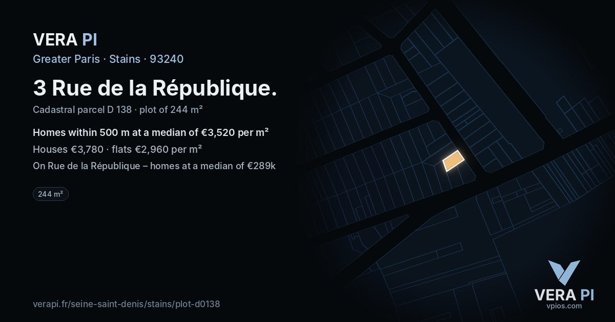3 Rue de la République, Stains at night – the plot lit, the parcels around coloured by the prices near them