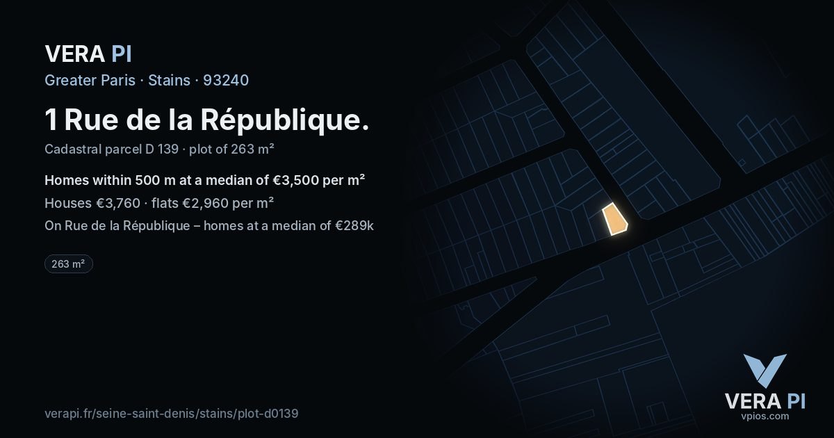1 Rue de la République, Stains at night – the plot lit, the parcels around coloured by the prices near them