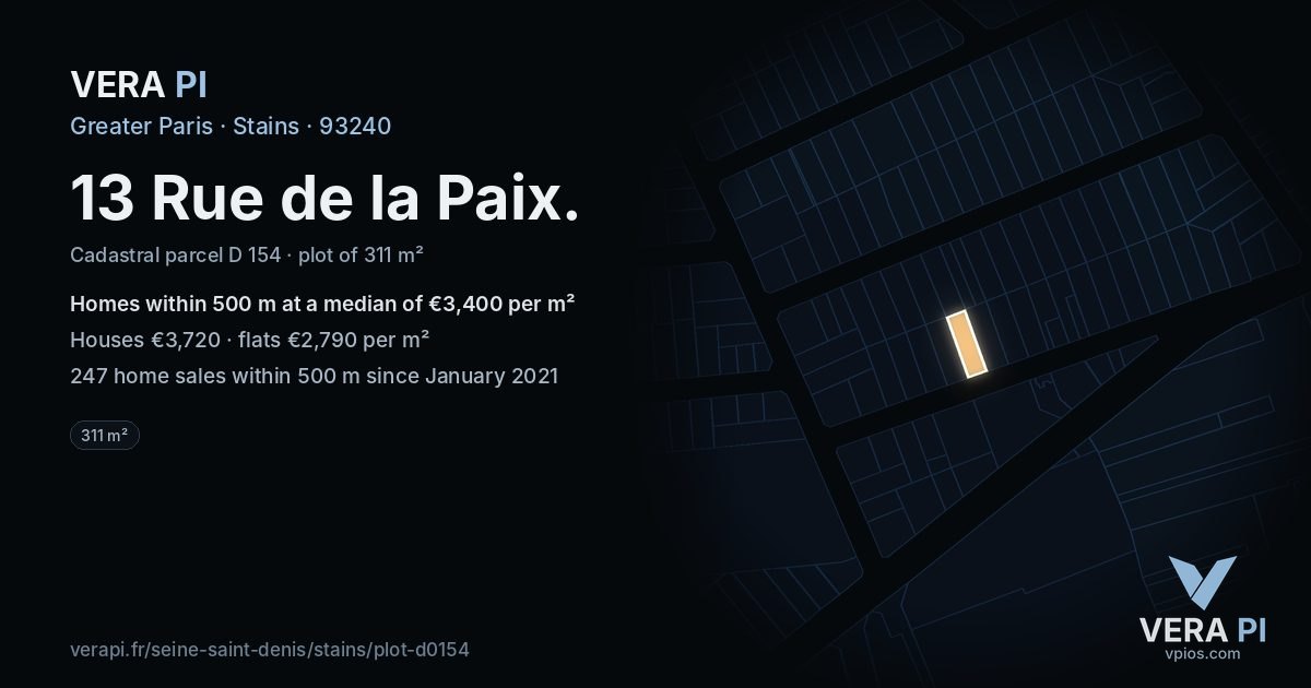 13 Rue de la Paix, Stains at night – the plot lit, the parcels around coloured by the prices near them