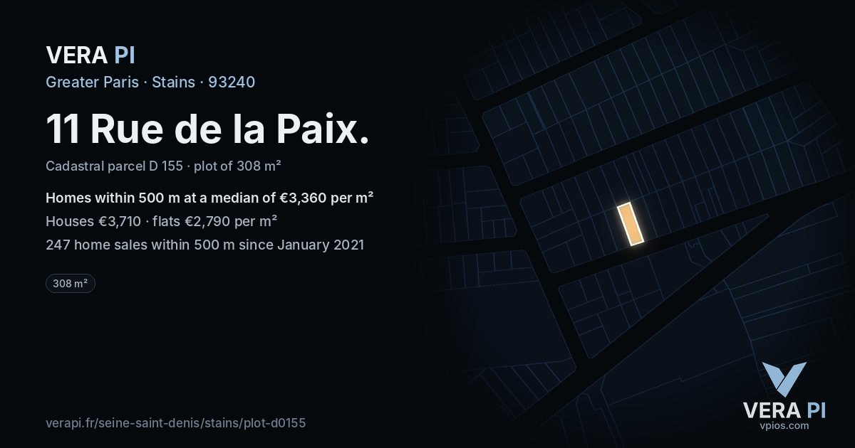 11 Rue de la Paix, Stains at night – the plot lit, the parcels around coloured by the prices near them