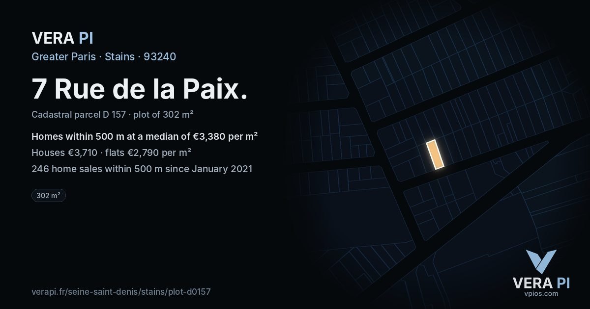7 Rue de la Paix, Stains at night – the plot lit, the parcels around coloured by the prices near them