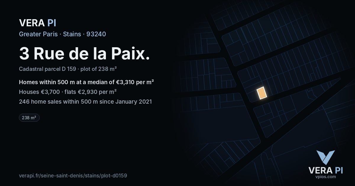 3 Rue de la Paix, Stains at night – the plot lit, the parcels around coloured by the prices near them