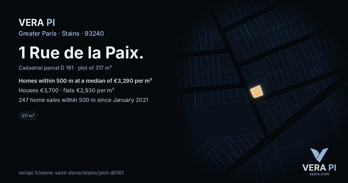 1 Rue de la Paix, Stains at night – the plot lit, the parcels around coloured by the prices near them