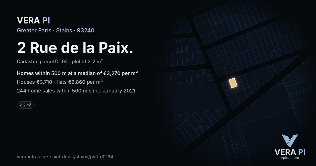2 Rue de la Paix, Stains at night – the plot lit, the parcels around coloured by the prices near them