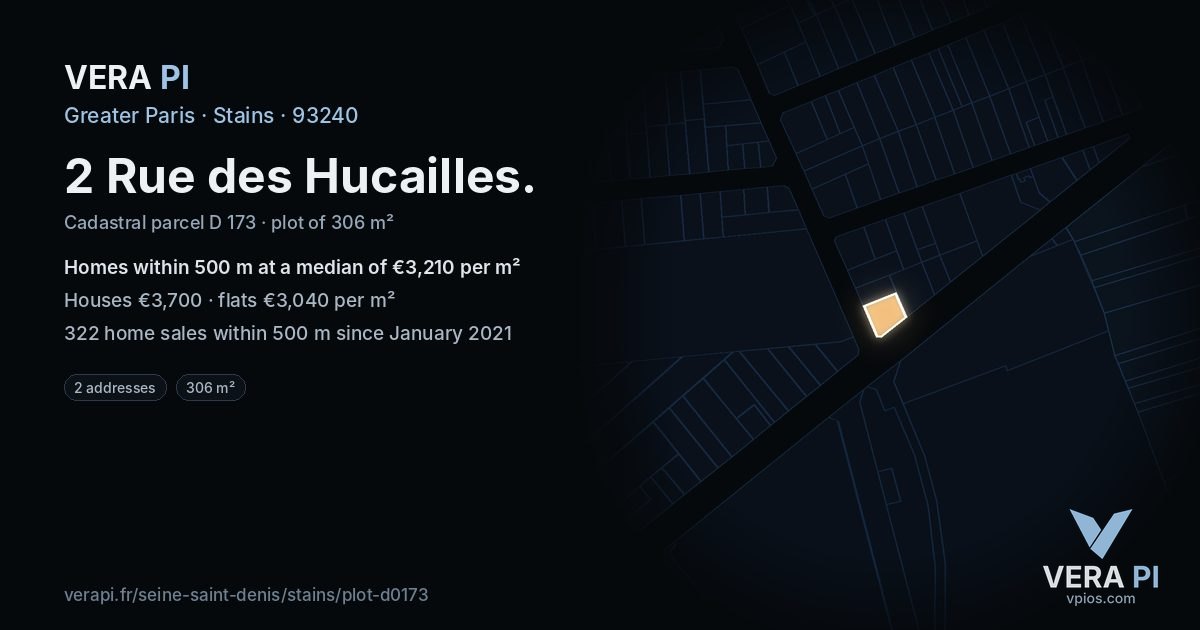 2 Rue des Hucailles, Stains at night – the plot lit, the parcels around coloured by the prices near them