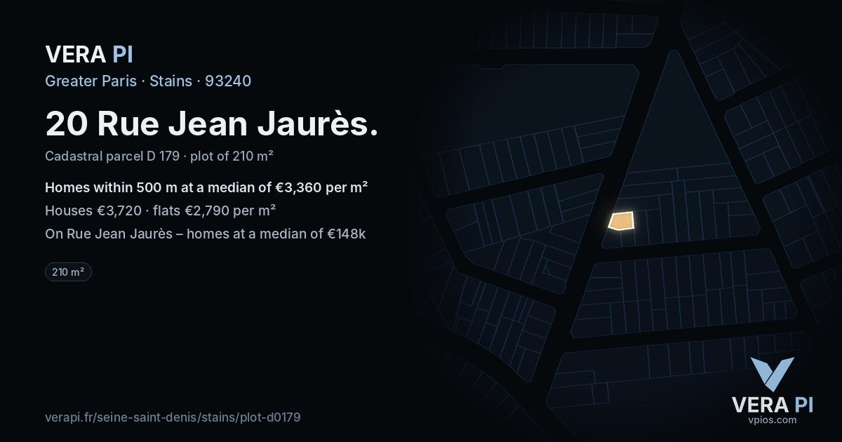 20 Rue Jean Jaurès, Stains at night – the plot lit, the parcels around coloured by the prices near them