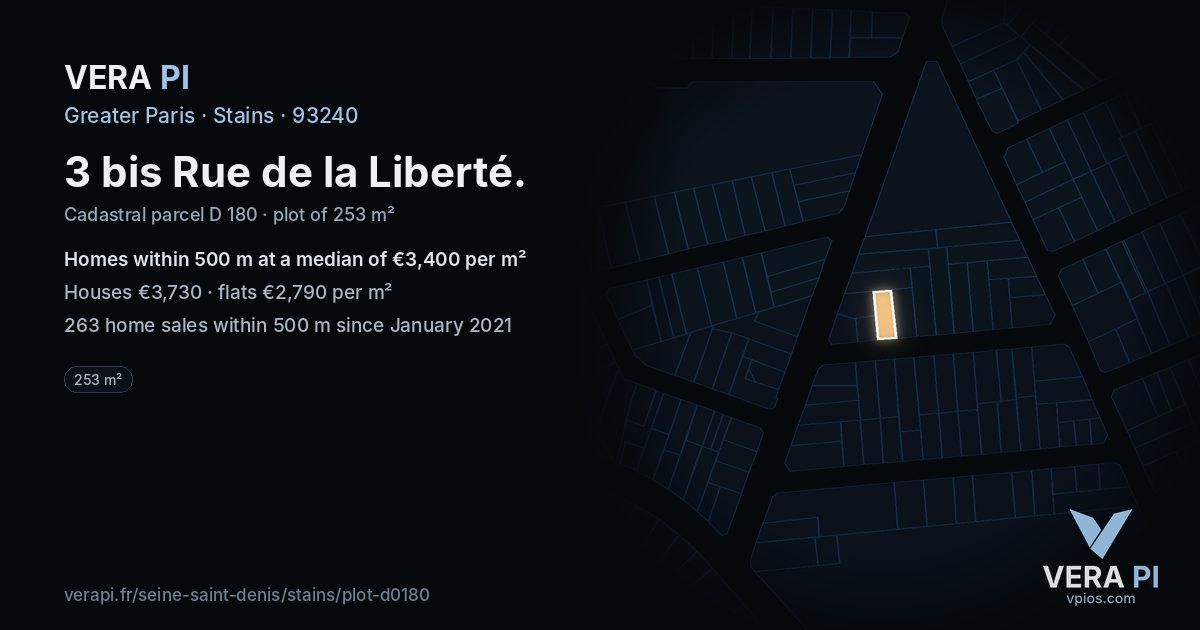 3 bis Rue de la Liberté, Stains at night – the plot lit, the parcels around coloured by the prices near them