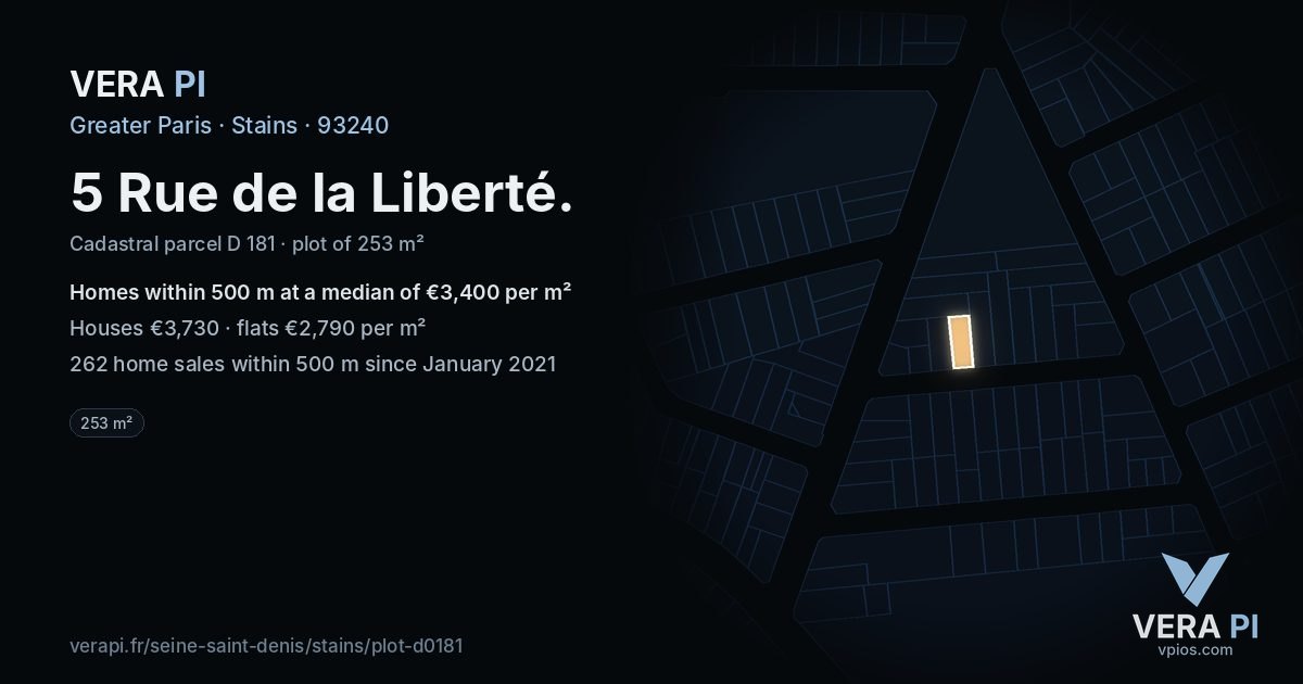 5 Rue de la Liberté, Stains at night – the plot lit, the parcels around coloured by the prices near them