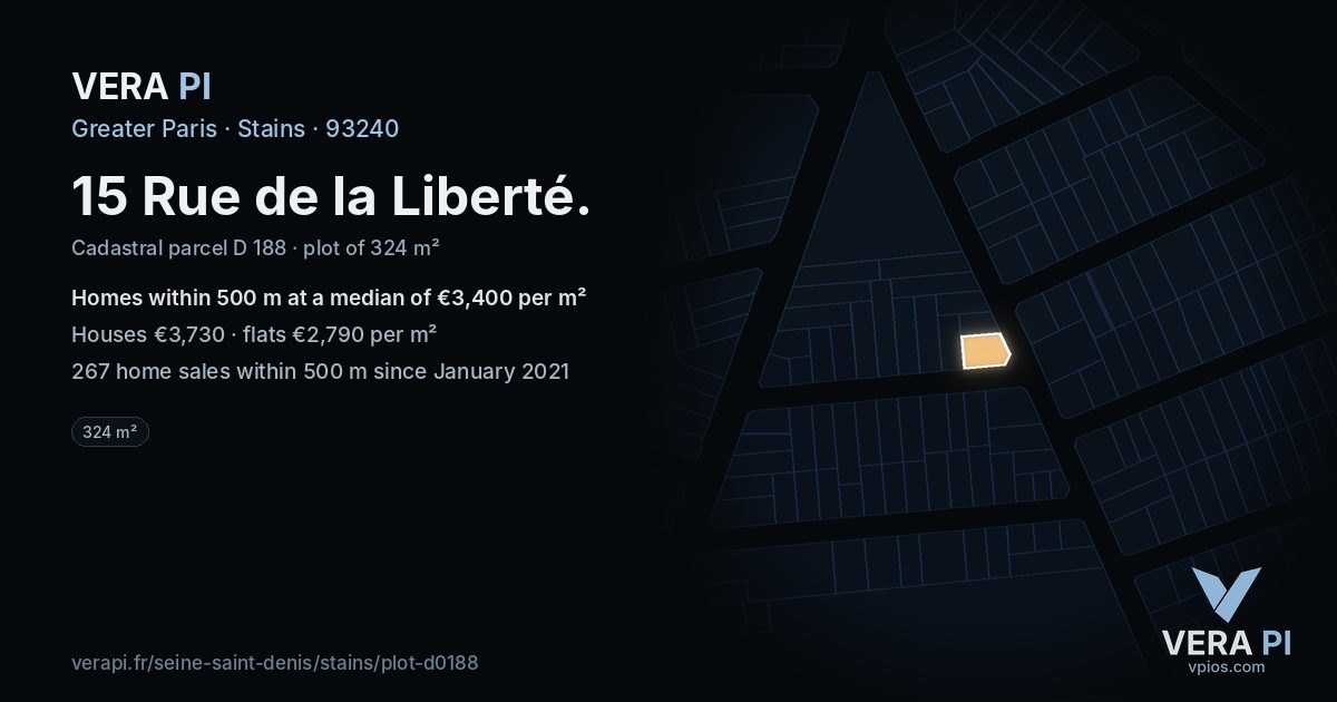 15 Rue de la Liberté, Stains at night – the plot lit, the parcels around coloured by the prices near them