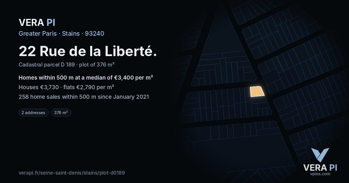 22 Rue de la Liberté, Stains at night – the plot lit, the parcels around coloured by the prices near them