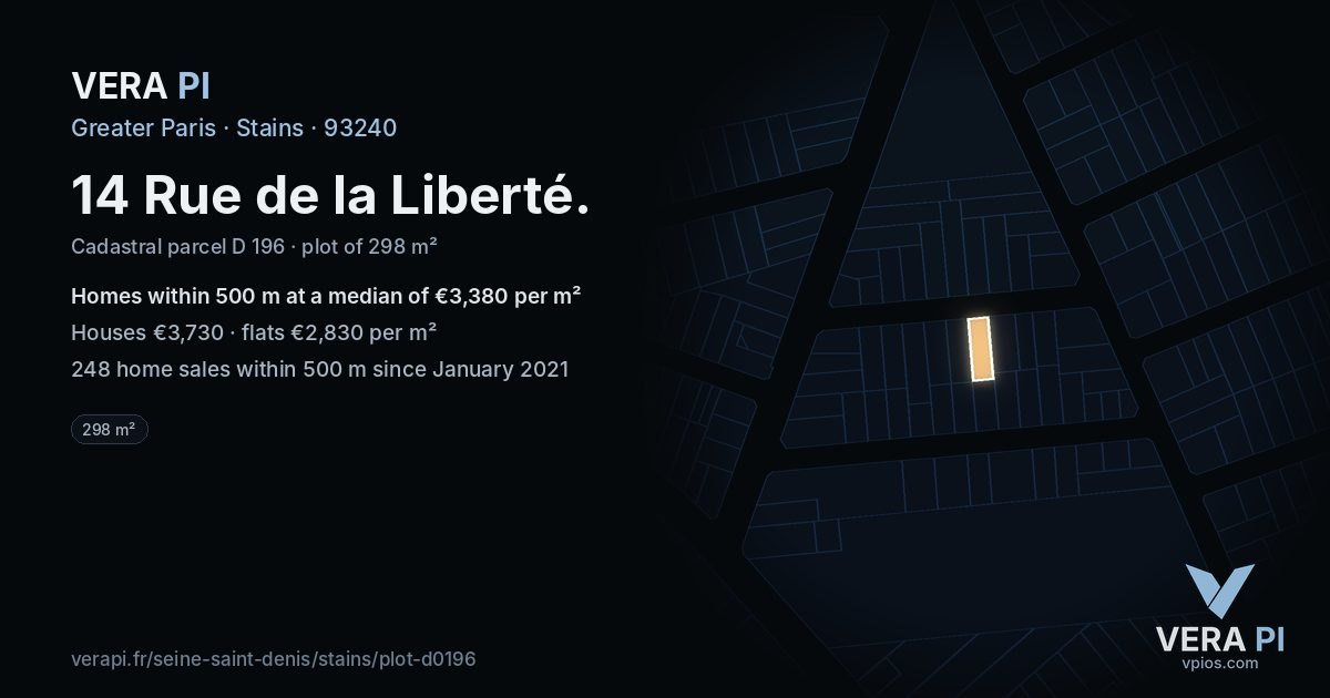 14 Rue de la Liberté, Stains at night – the plot lit, the parcels around coloured by the prices near them