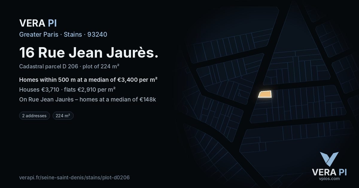 16 Rue Jean Jaurès, Stains at night – the plot lit, the parcels around coloured by the prices near them